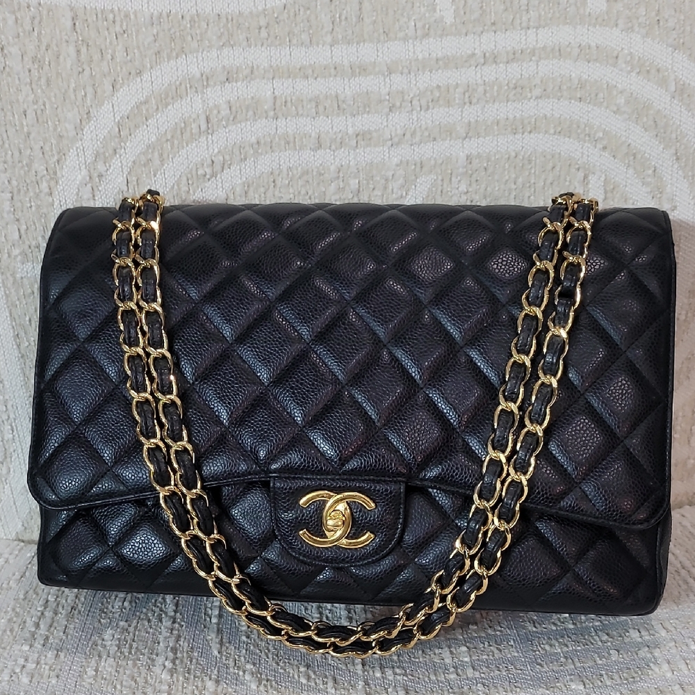 Chanel Cavier Jumbo Double Flap Black Quilted Shoulder Bag with Gold Chain